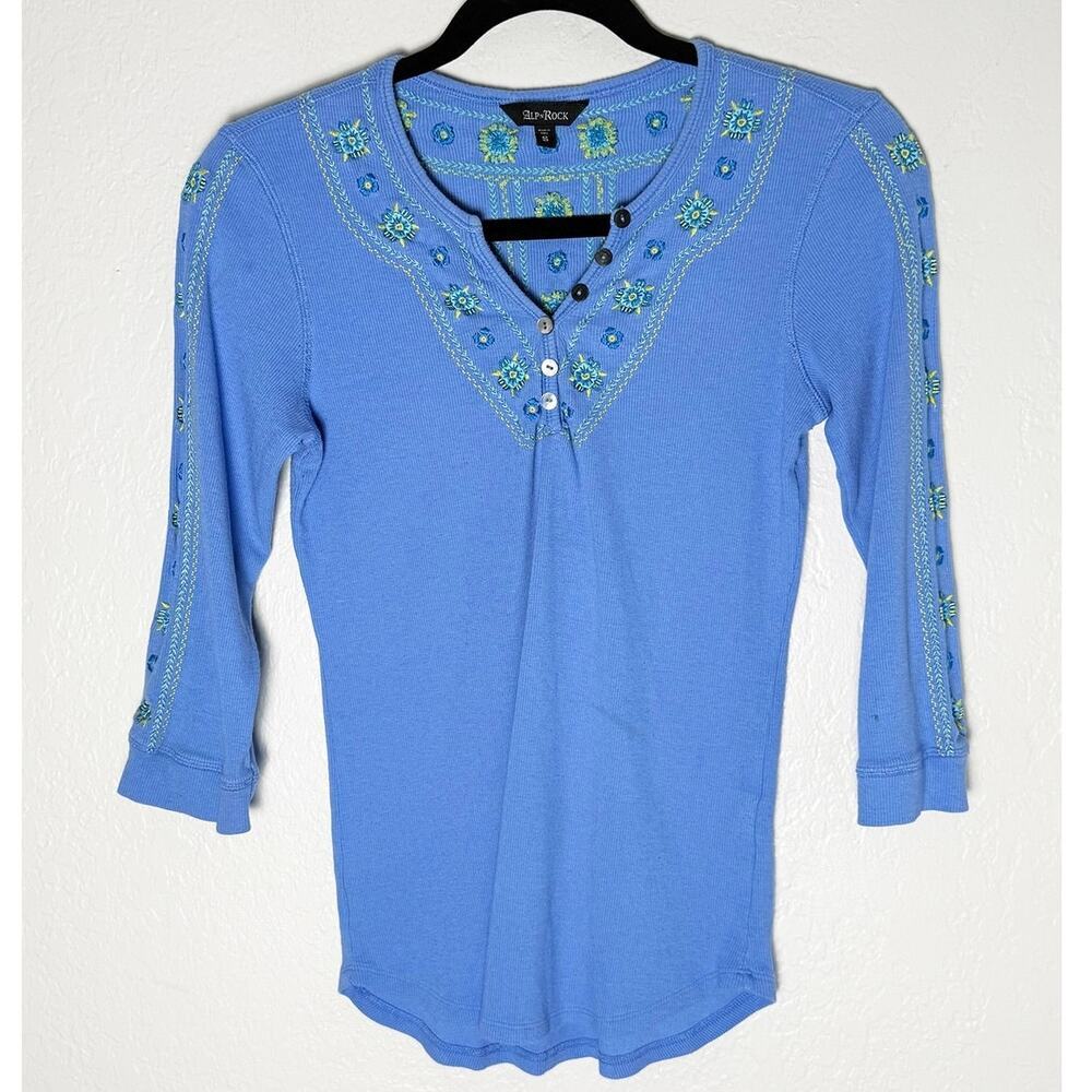Alp N Rock Women's Ribbed‎ Henley Top Floral Embroidery Detailing Organic Cotton